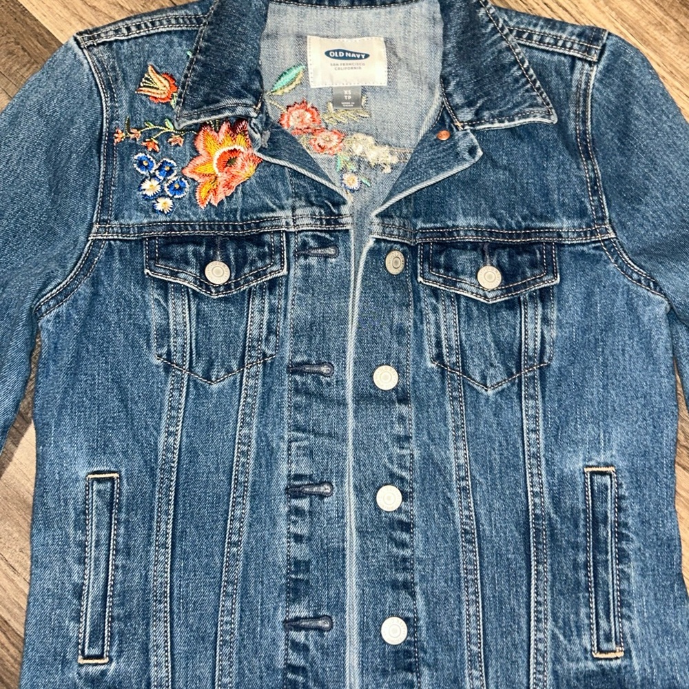 Old Navy Blue Denim Jacket with Floral Embroidery